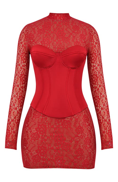 Long Sleeve Lace & Satin Corset Minidress in Cranberry
