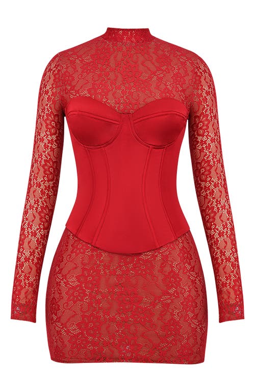 Mistress Rocks Long Sleeve Lace & Satin Corset Minidress Cranberry at Nordstrom,