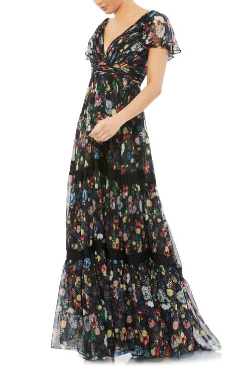 Floral Print Tiered Empire Waist Chiffon Gown