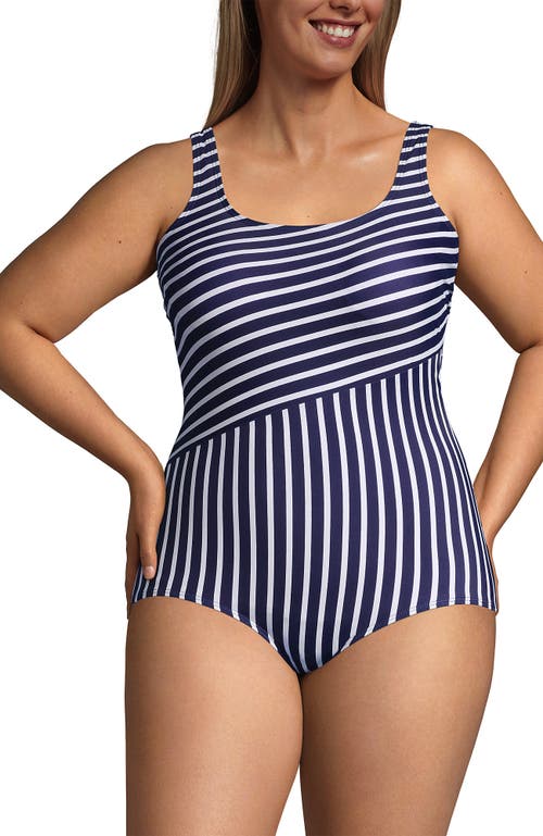 Shop Lands' End Plus Size Long Chlorine Resistant Soft Cup Tugless Sporty One Piece Swimsuit In Deep Sea/white Media Stripe