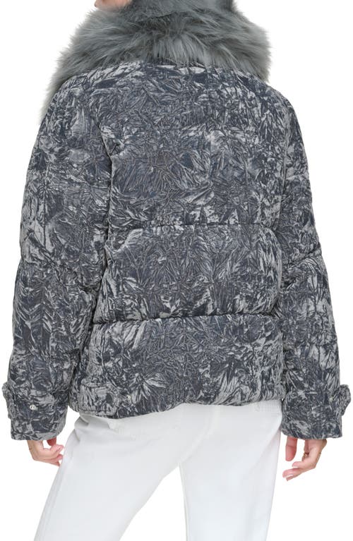Andrew Marc Charleroi Faux Fur Collar Down & Feather Fill Velvet Puffer Jacket In Peppercorn