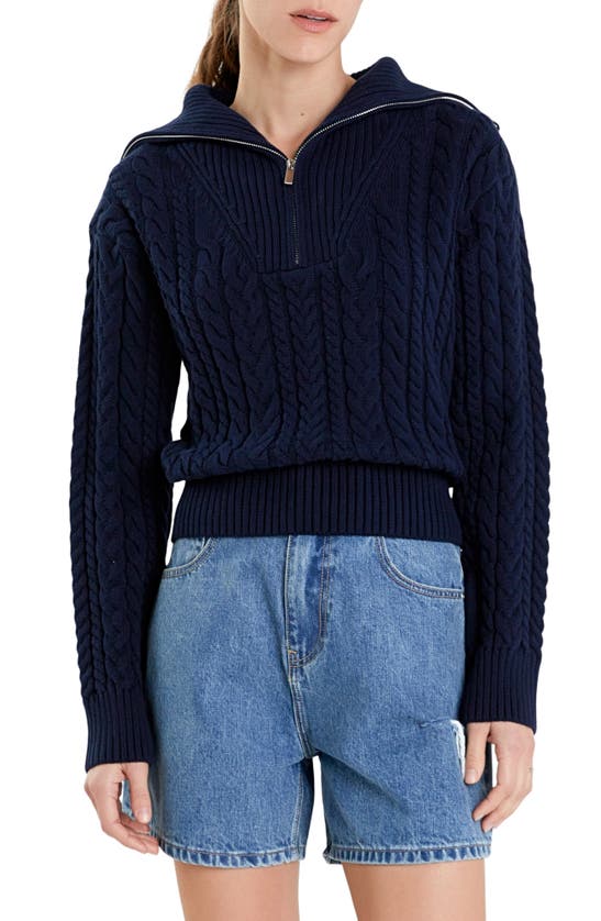 Shop English Factory Quarter Zip Cable Knit Cotton Sweater In Navy