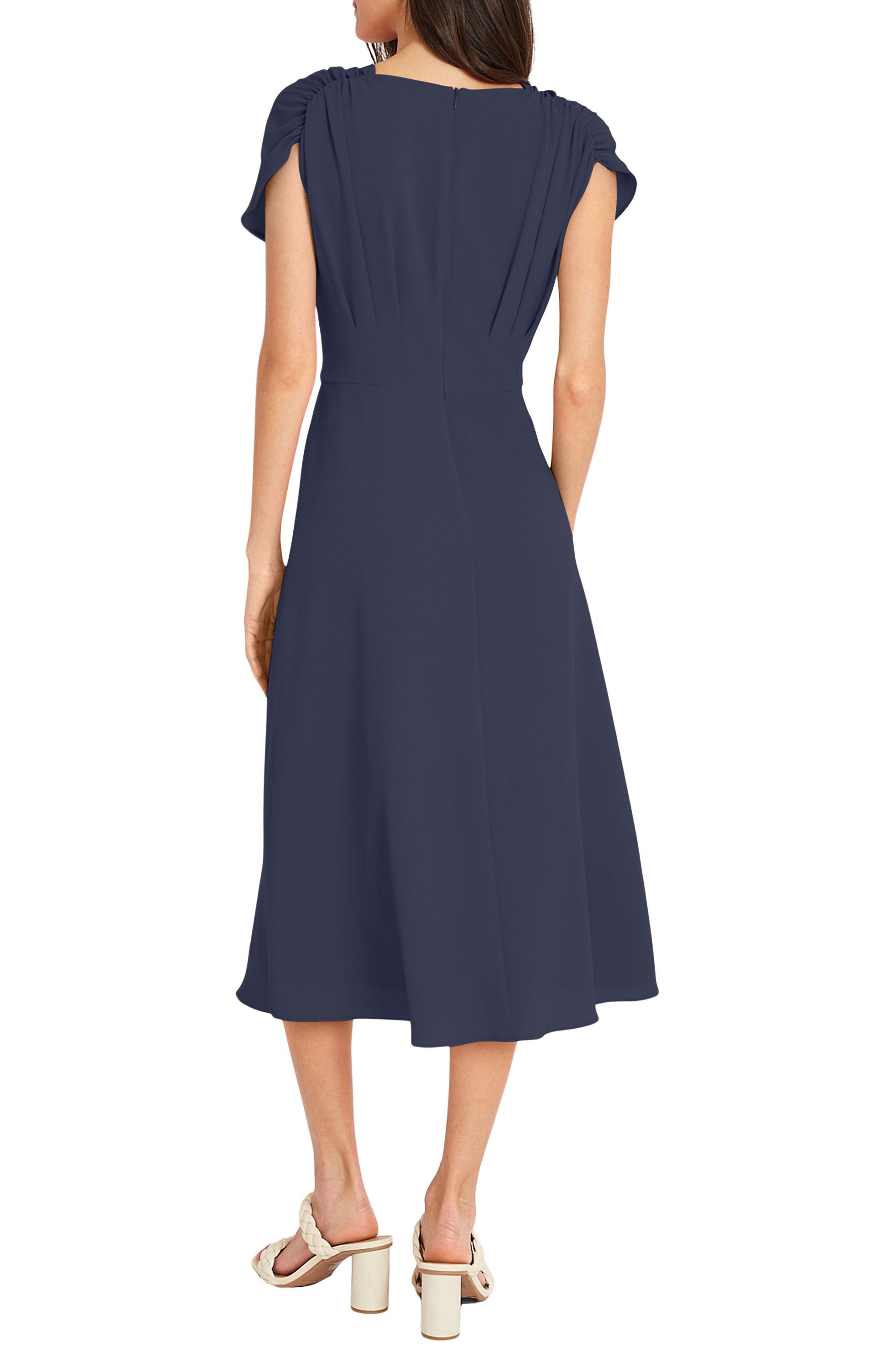 Maggy London Cap Sleeve Asymmetric Burnout Velvet Midi Dress In Blue