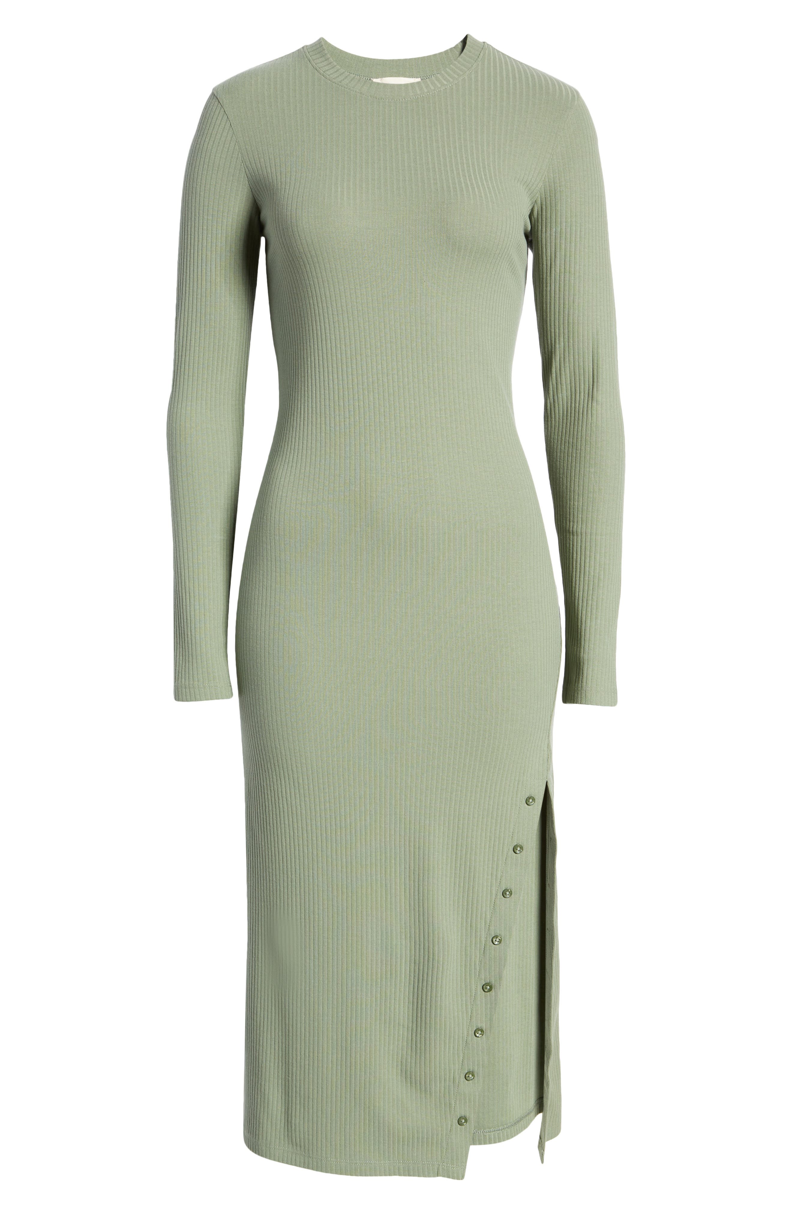 Open Edit Long Sleeve Rib Organic Cotton Blend Lounge Dress in Green Agave at Nordstrom, Size X-Large