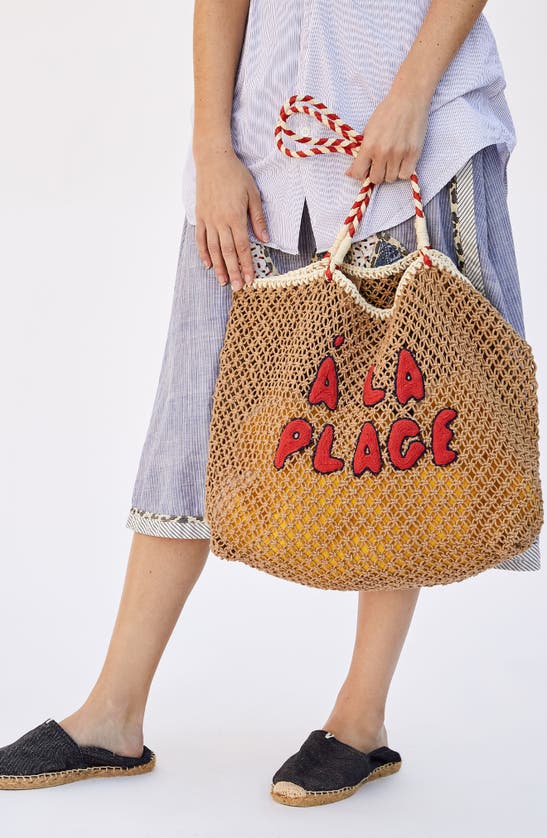 Shop Clare V À La Plage Knotted Tote In Tan Crochet W/ Navy