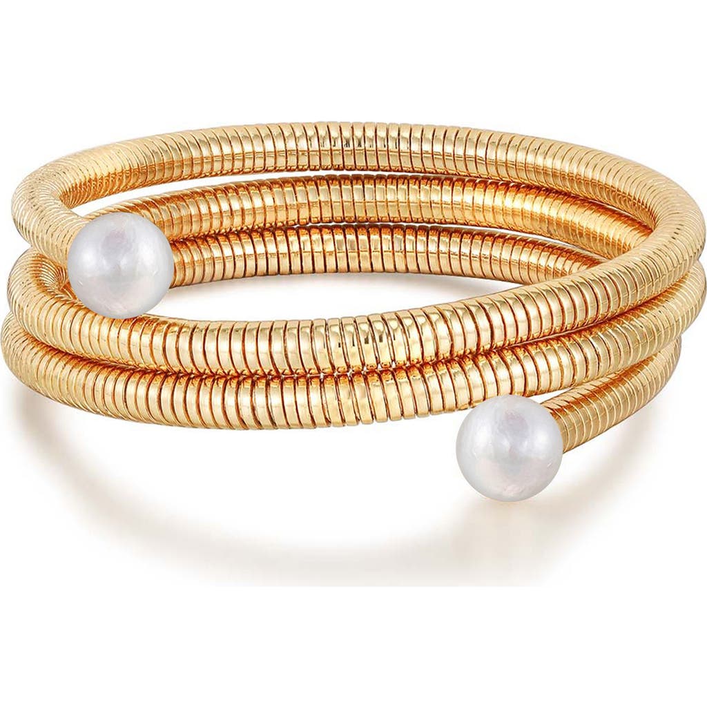 Ettika Imitation Pearl Spring Band Flex Coil Bracelet In 18k Gold Plated In White