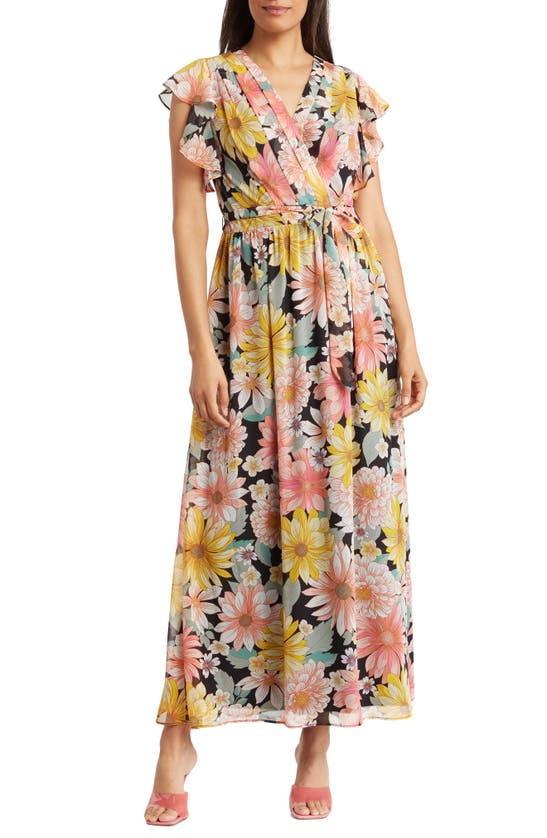 Donna Ricco Flutter Sleeve Pleated Maxi Dress In Pink/yellow Multi