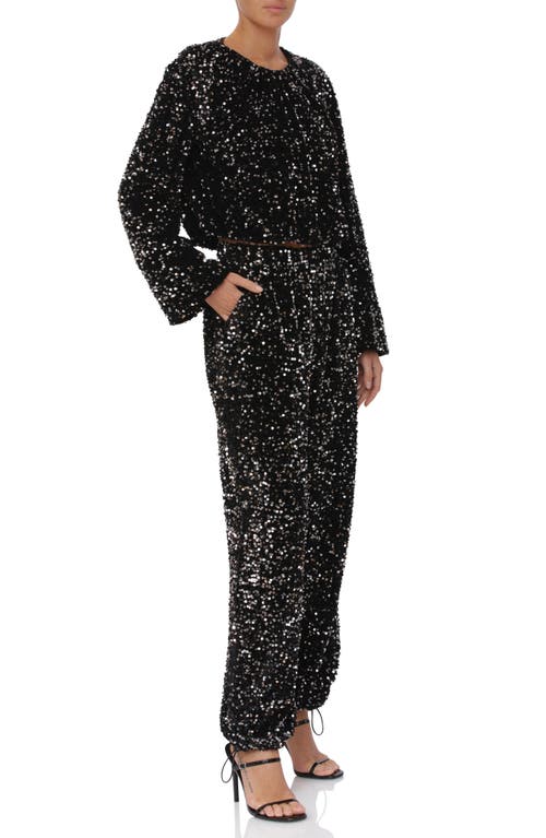Shop Avec Les Filles Sequin Long Sleeve Crop Blouse In Gunmetal