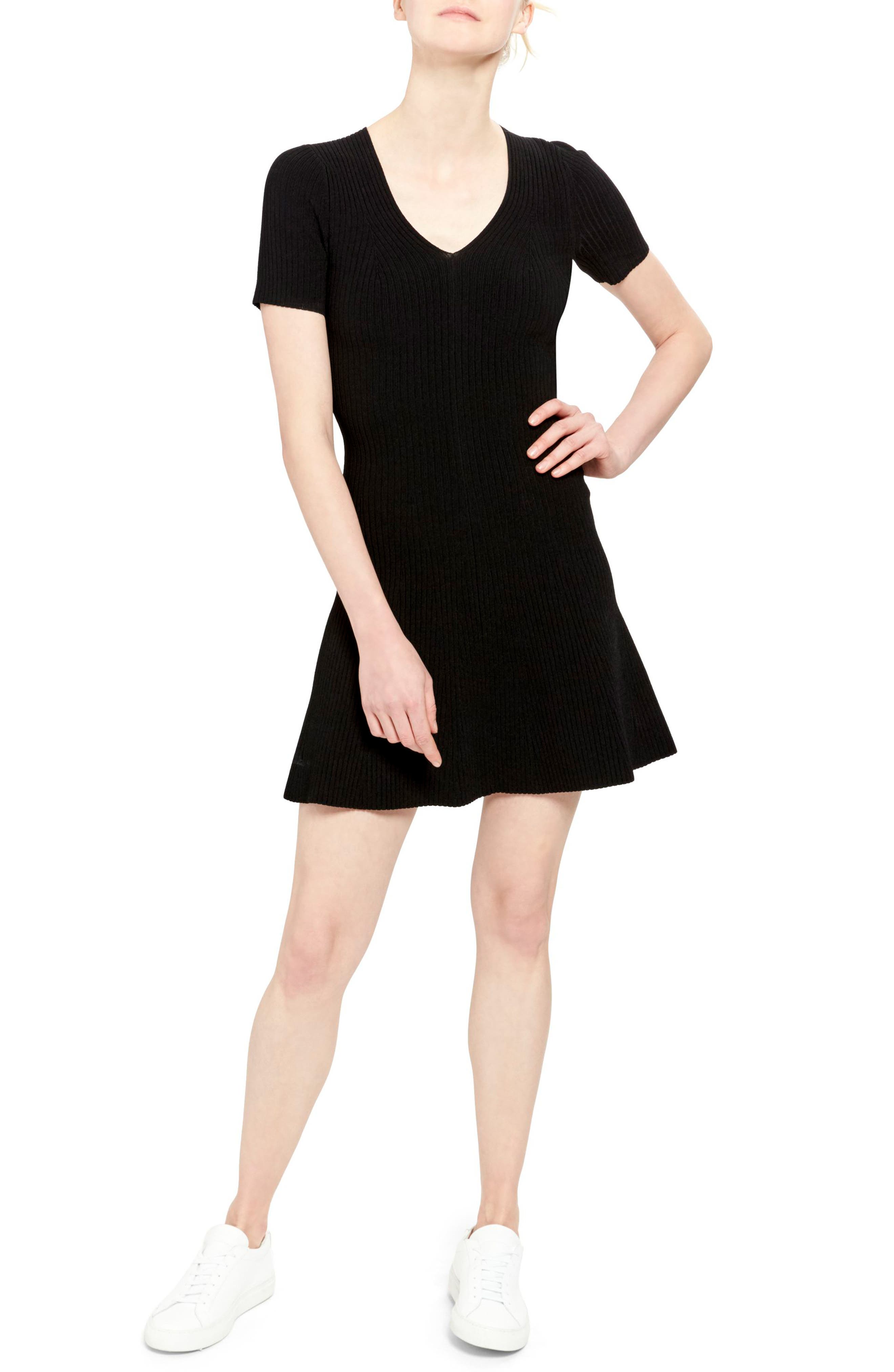 Theory Ribbed Flare Minidress, Black