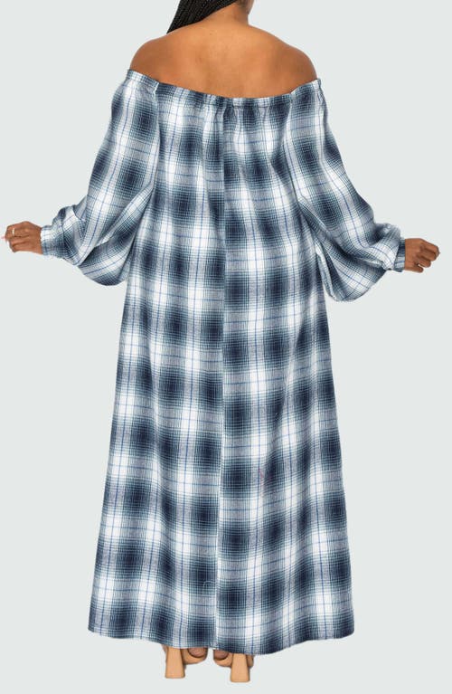 L I V D Zoe Plaid Long Sleeve Off The Shoulder Maxi Dress In Navy
