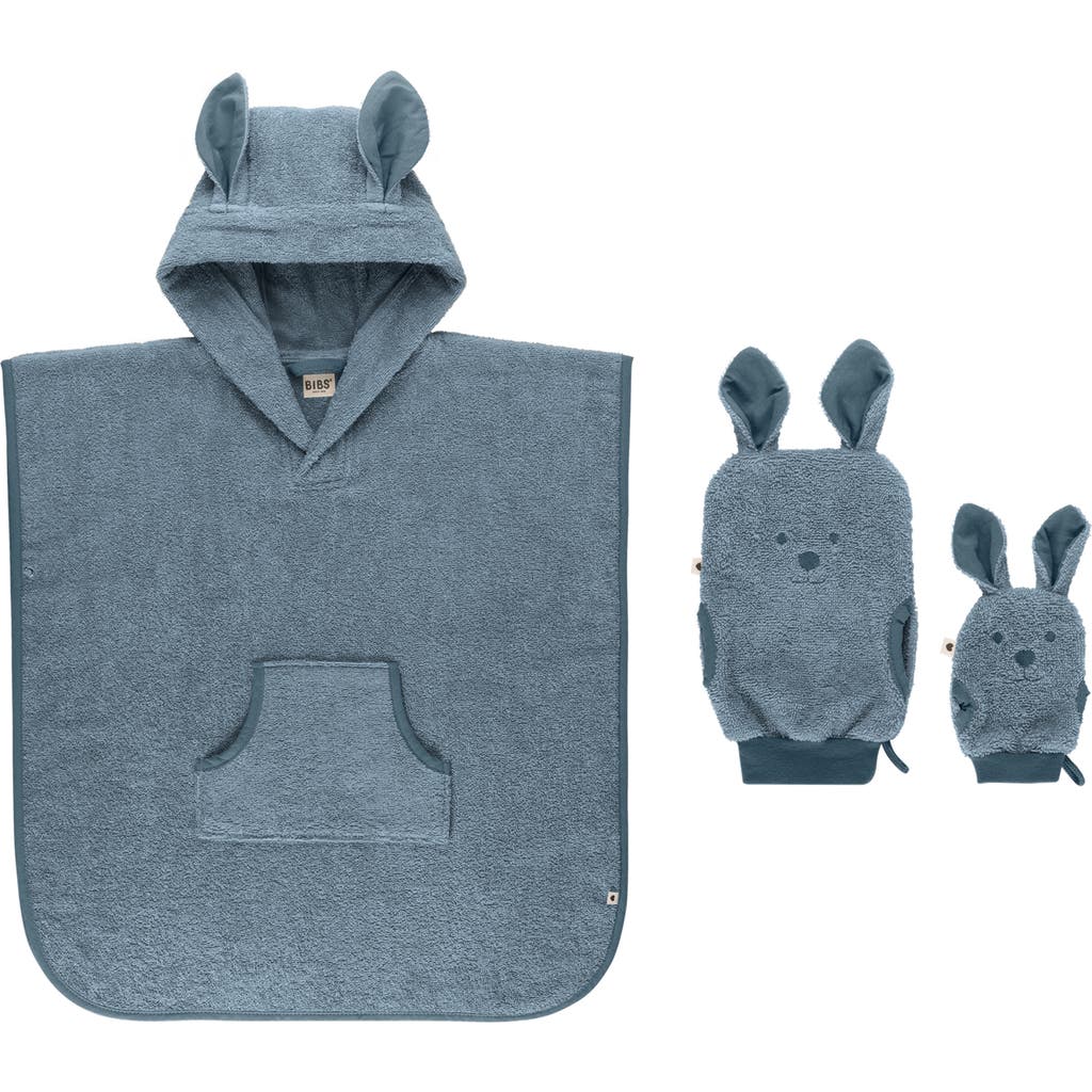 Bibs Kangaroo Hooded Bath Towel & Bath Mitrs Set In Petrol