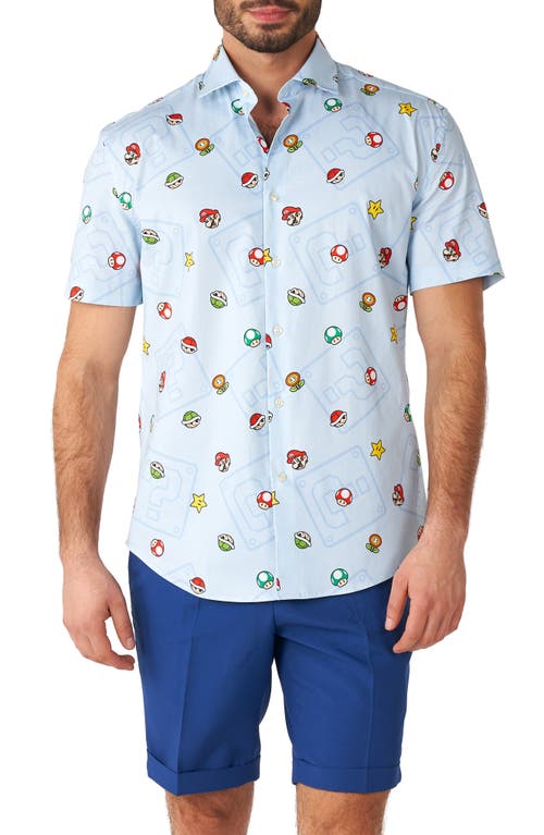 Super Mario Stretch Short Sleeve Button-Up Shirt in Blue