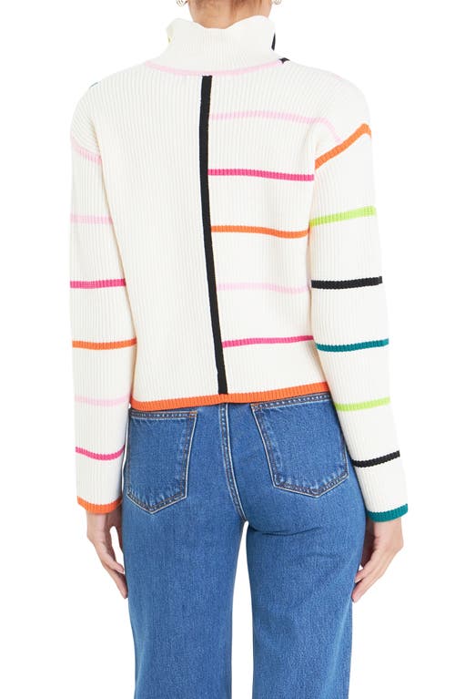 Shop English Factory Stripe Half-zip Rib Sweater In Off White Multi