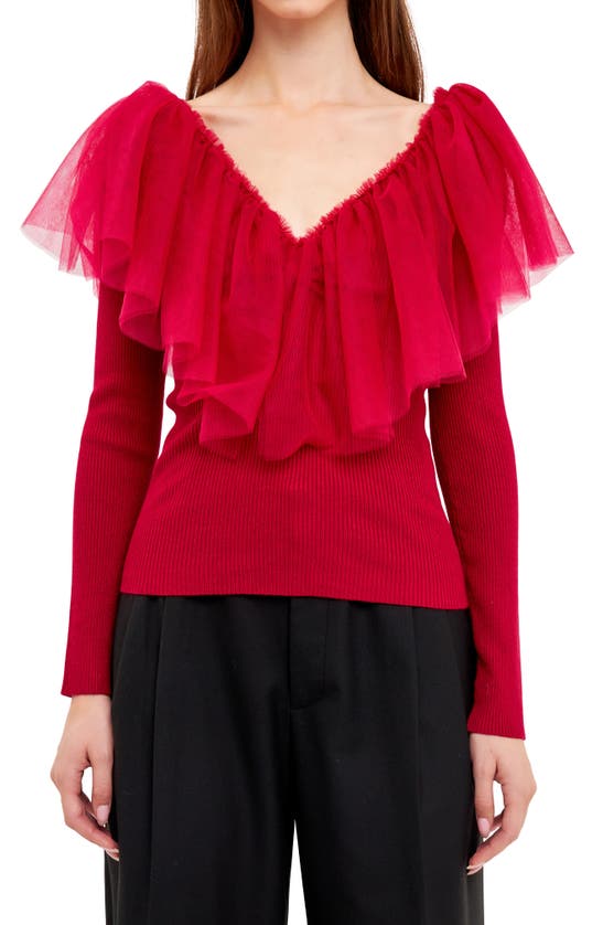 ENDLESS ROSE ENDLESS ROSE RUFFLE MESH MIXED MEDIA TOP