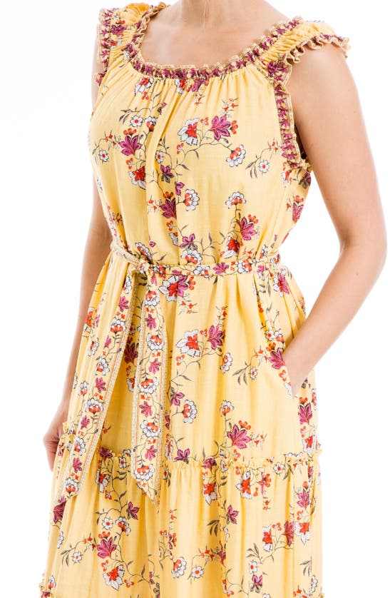 Shop Max Studio London Floral Cap Sleeve Tiered Maxi Dress In Yellow Floaty Flora