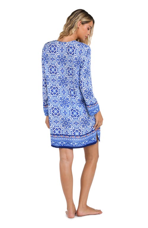 Shop La Blanca Alboran Lace-up Long Sleeve Cover-up Tunic<br> In Blue