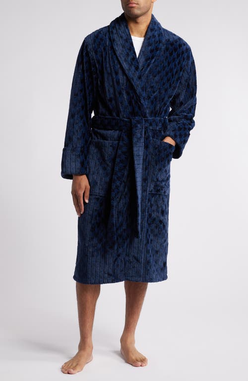 Daniel Buchler Houndstooth Stripe Fleece Robe In Navy