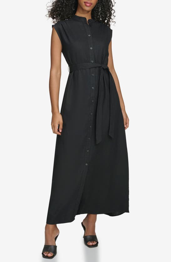 Shop Calvin Klein Sleeveless Linen Blend Maxi Shirtdress In Black