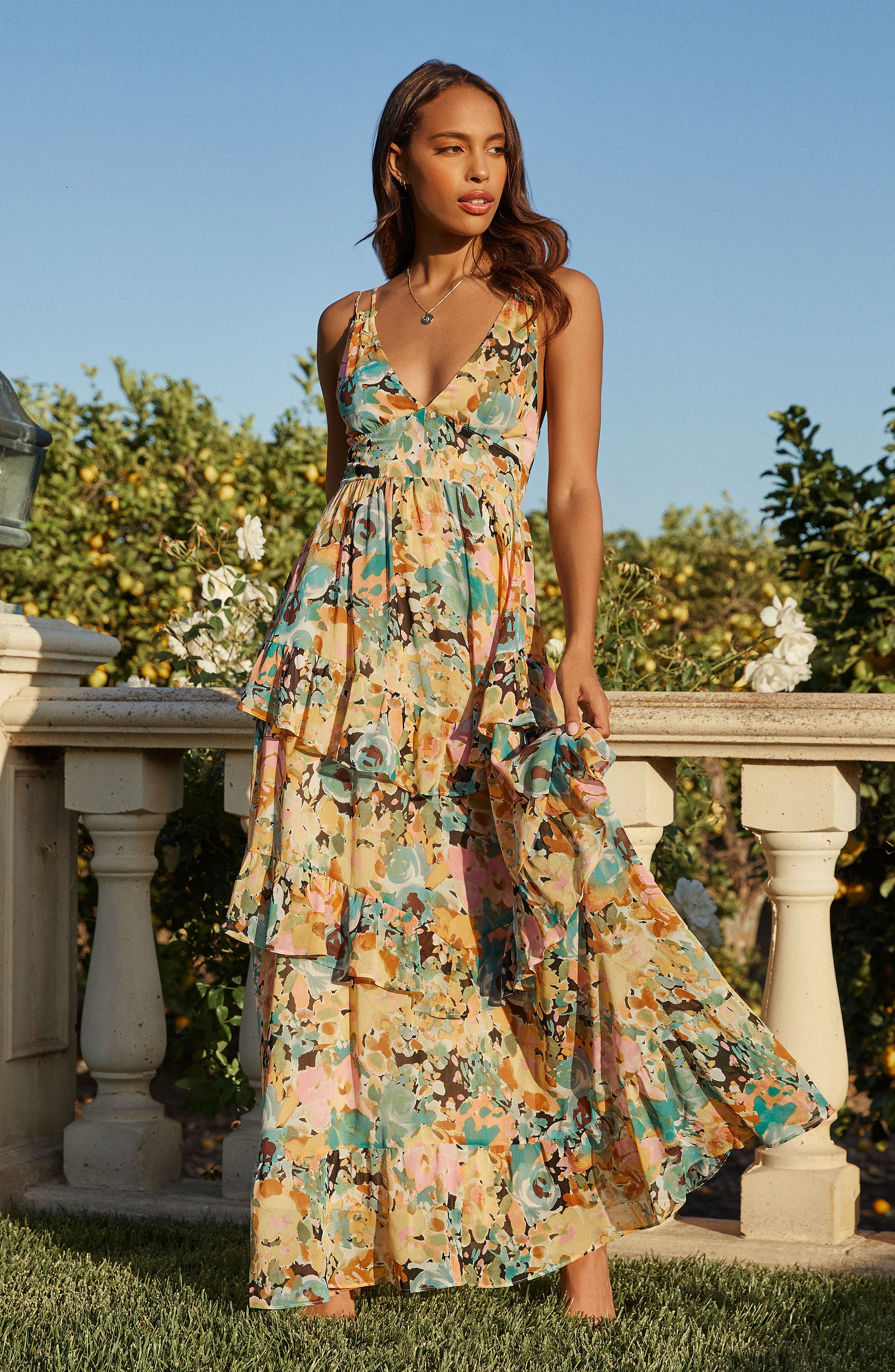 floral tiered chiffon dress