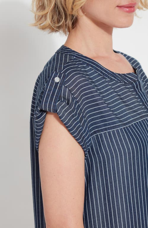 Shop Lyssé Delilah Pinstripe Popover Twill Top In Indigo Ledger Stripe