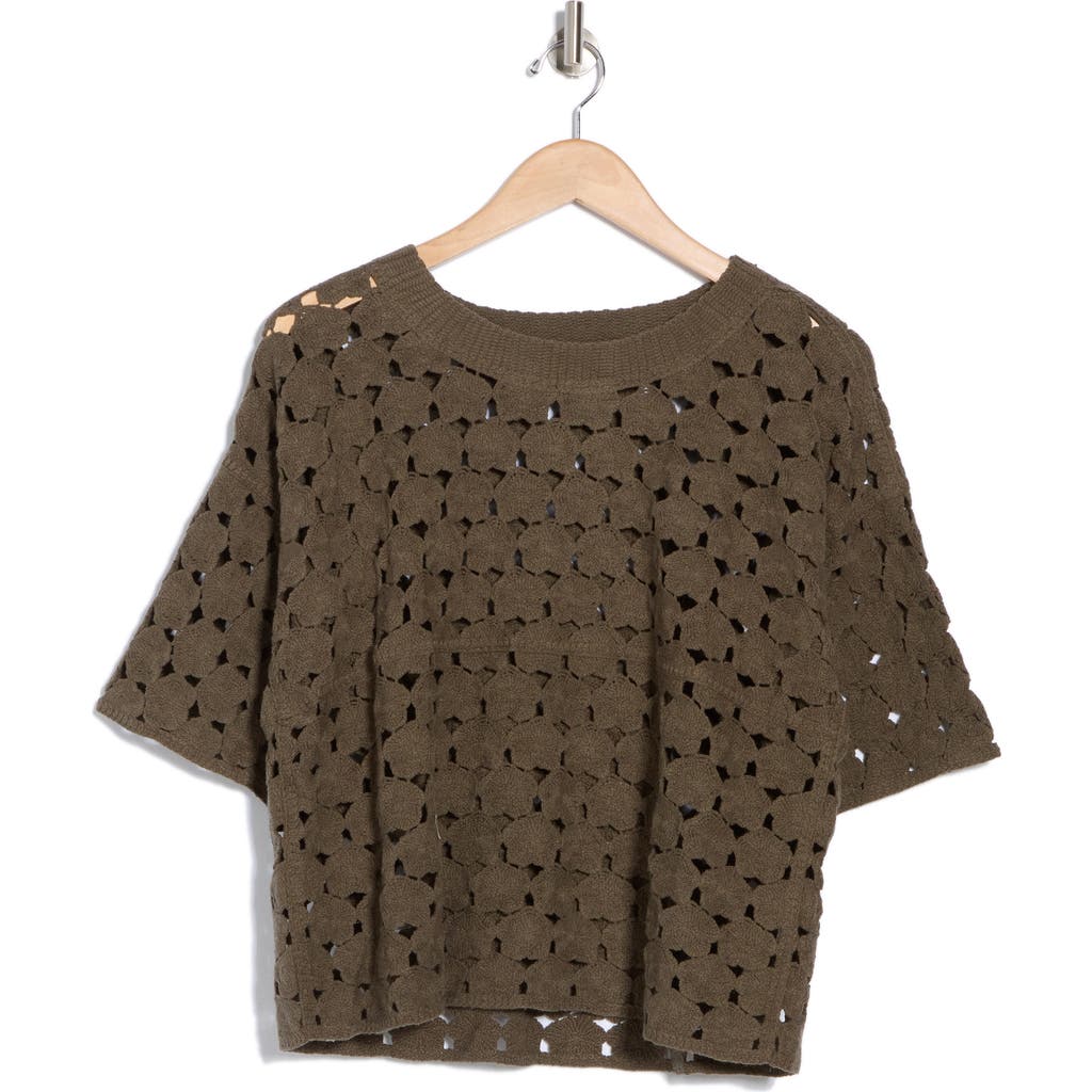 Bobeau Floral Crochet Short Sleeve Top In Olive