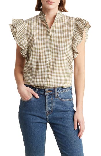 Shop Philosophy By Rpublic Clothing Gingham Ruffle Button-up Shirt In Olive/white