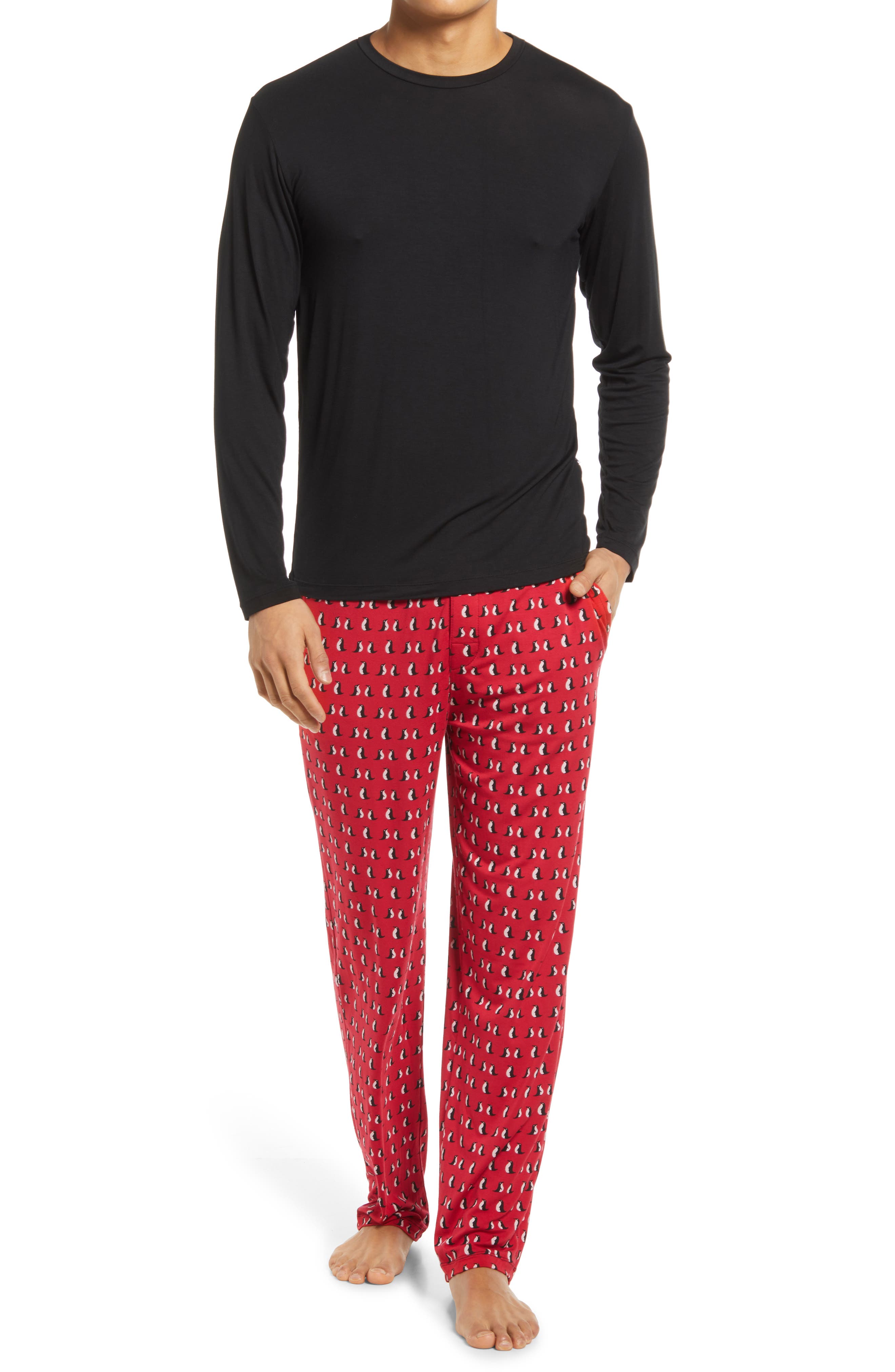 KicKee Pants Penguin Print Pajamas in Crimson Penguins at Nordstrom