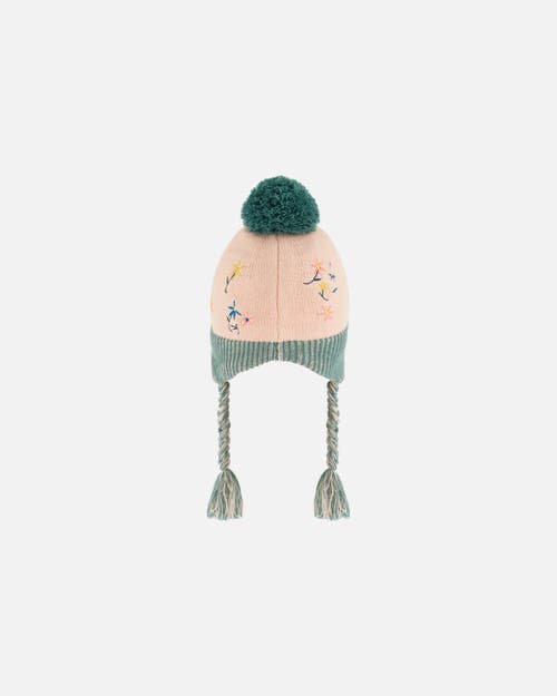 Deux Par Deux Baby Girl's Peruvian Knit Hat Light Pink, Sage Green And Flowers In Embroidered Flowers