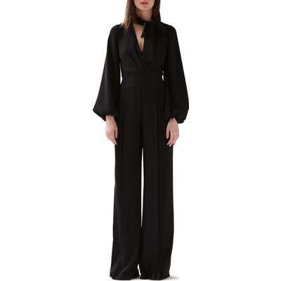 Ml Monique Lhuillier Long Sleeve Pleated Wide Leg Jumpsuit, Black