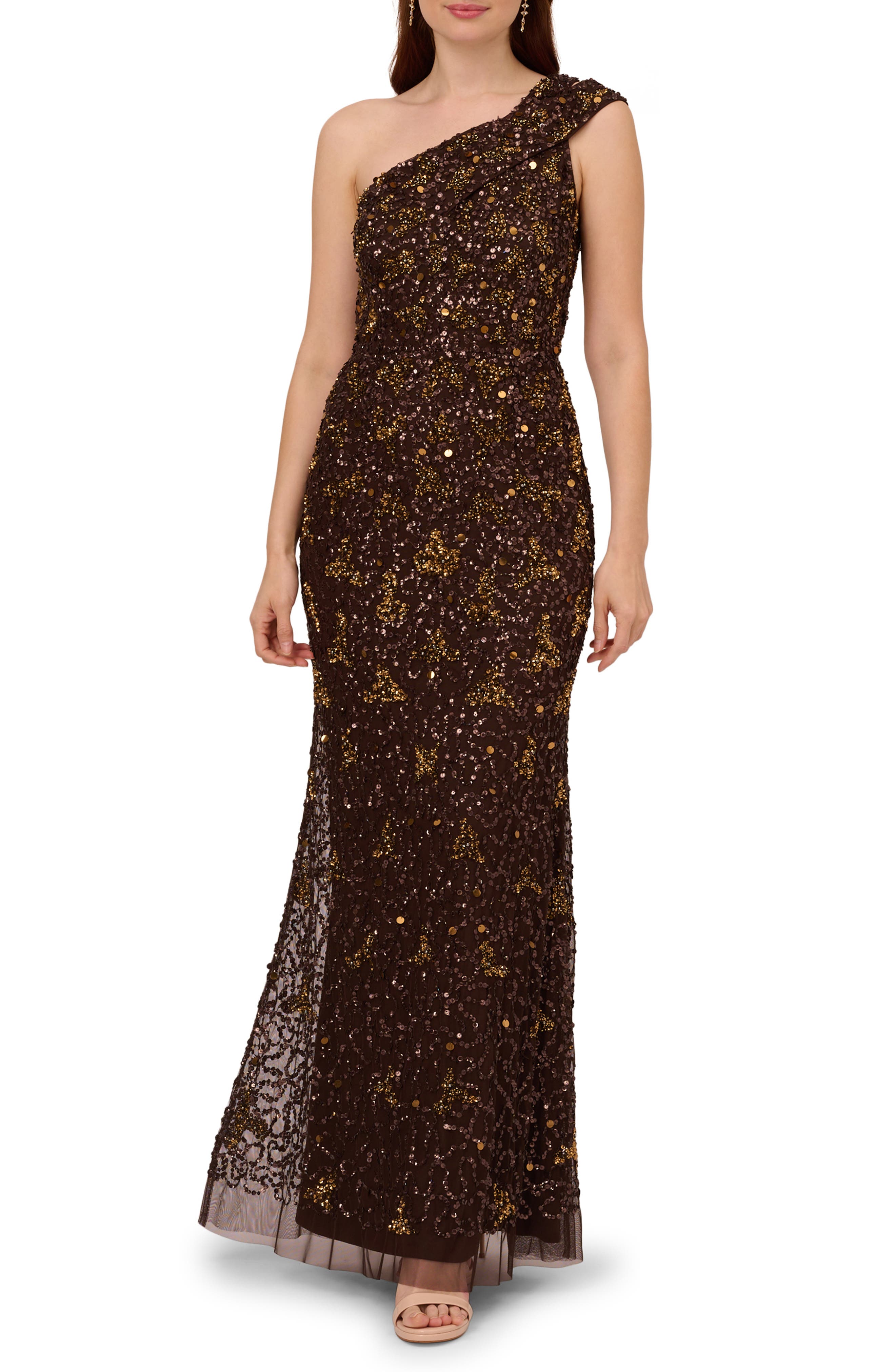 Adrianna Papell Beaded One-Shoulder Gown in Chocolate | Smart Closet Adrianna Papell Beaded One-Shoulder Gown in Chocolate | Smart Closet