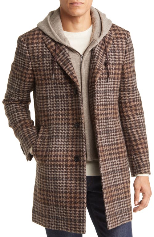 Cardinal of Canada Tristen Hooded Wool Blend Topcoat with Removable Hooded Bib in Brown Taupe Houndstooth