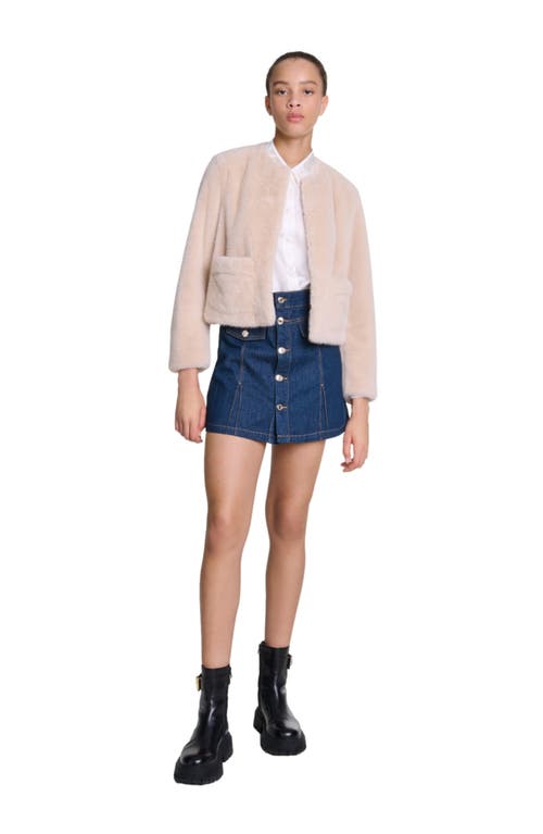 Shop Maje Cropped Faux Fur Jacket In Beige