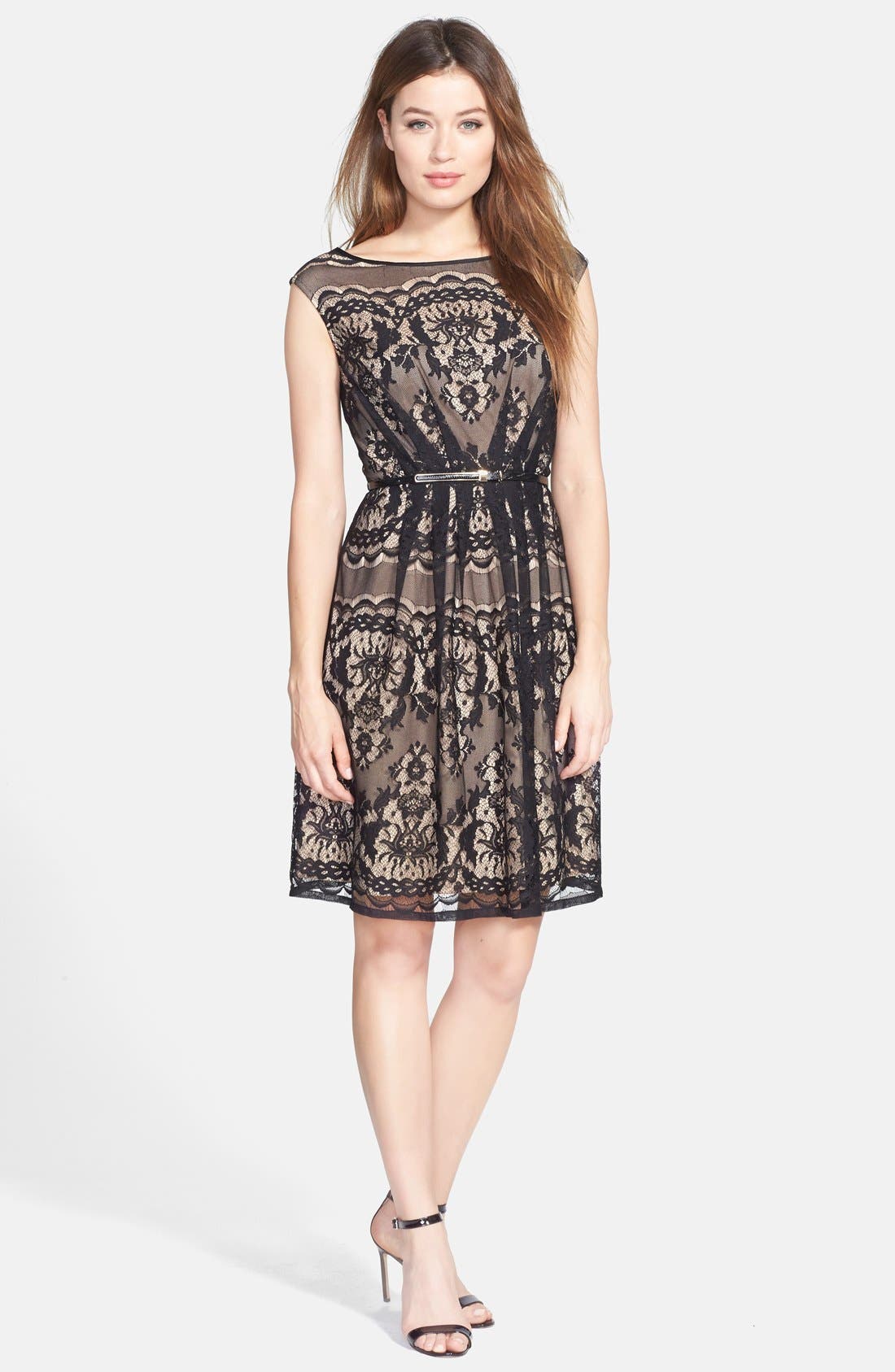 adrianna papell belted lace gown