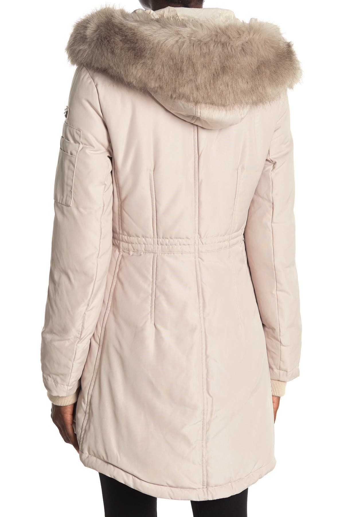 bcbgmaxazria faux fur trim hooded down jacket