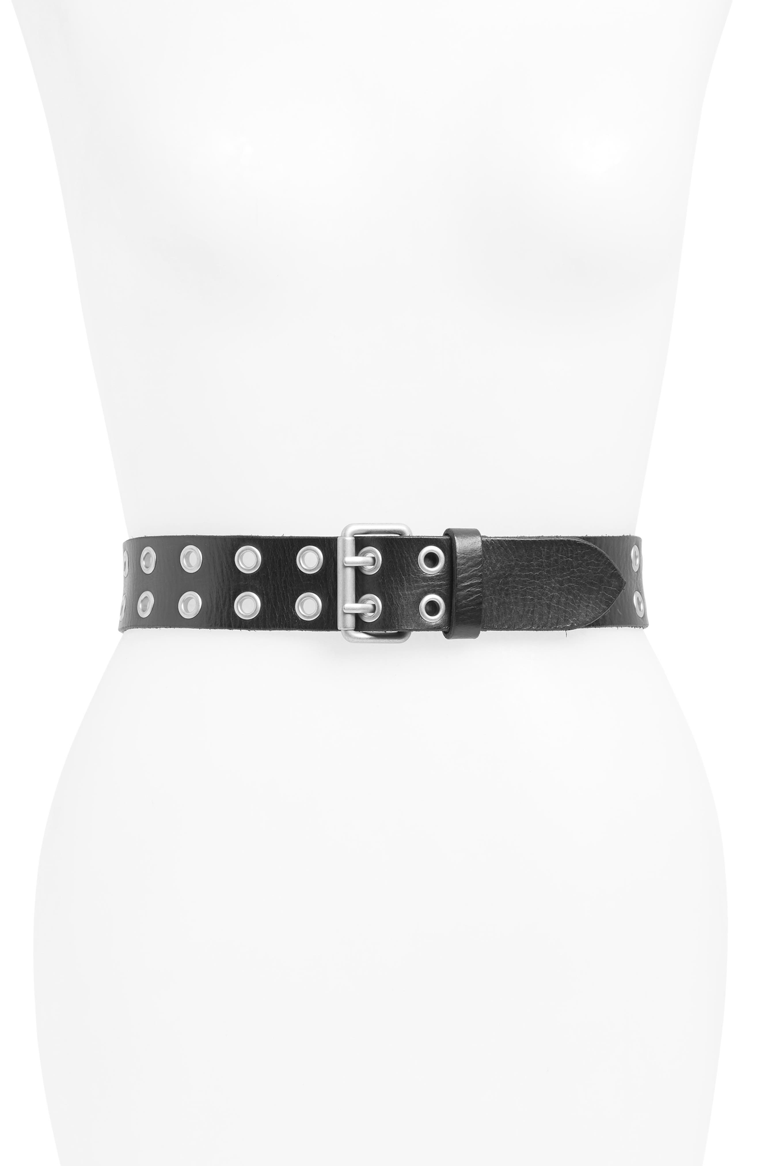 Double Grommet PU Leather Belt for Women Punk Style Jeans Belt with Detachable Chain