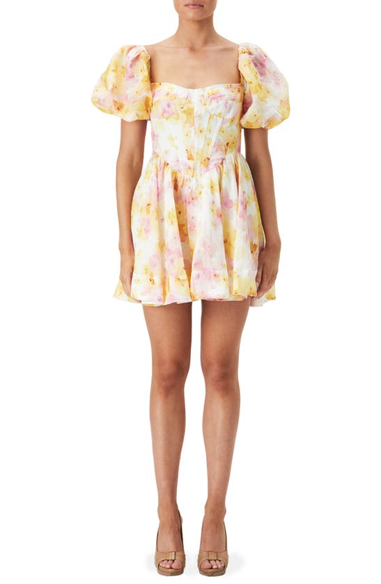 Bardot Kiah Floral Print Corset Puff Sleeve Minidress In Multicolor