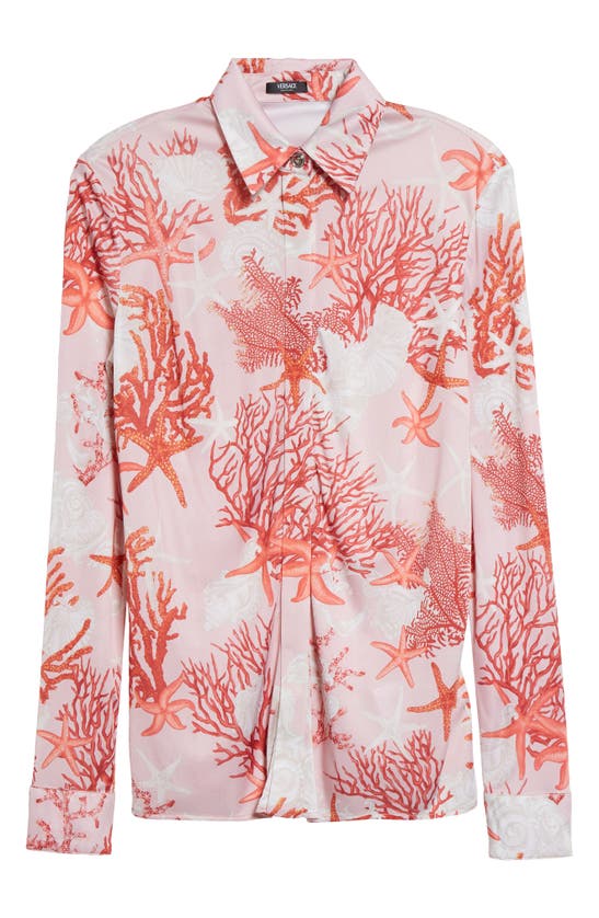 Shop Versace Holiday Print Jersey Button-up Shirt In Dusty Rose Coral Bone