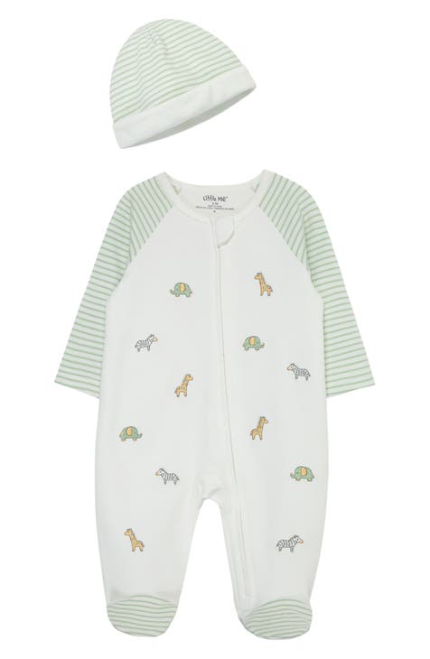 Safari Embroidered Cotton Footie & Hat Set (Baby) (Nordstrom Exclusive)