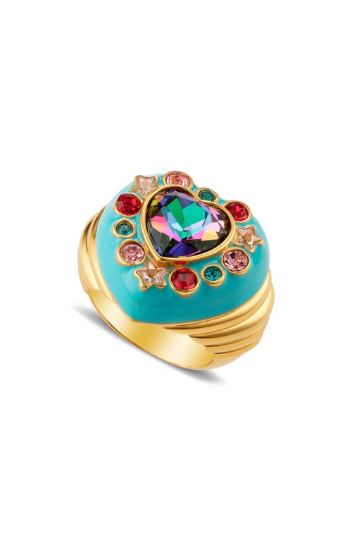 July Child Gemini Baby Heart Ring In Gold/blue Enamel/swarovski