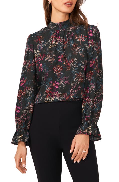 Floral Ruffle Cuff Mock Neck Top