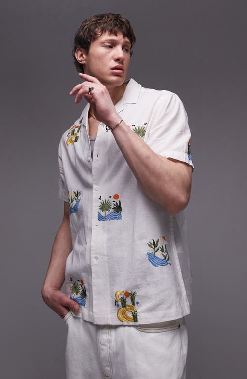 TOPMAN TOPMAN SQUARE EMBROIDERED COTTON & LINEN CAMP SHIRT 