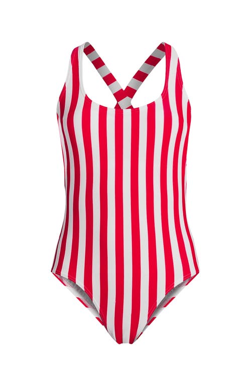 Lands' End Chlorine Resistant Scoop Neck X-back High Leg Soft Cup Tugless Sporty One Piece Swimsuit In Strawberry/white Stripe