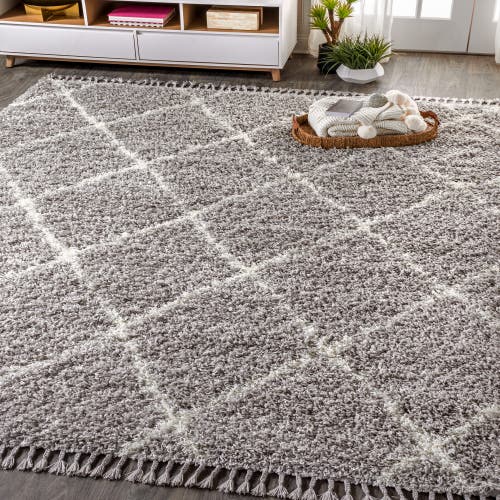 Jonathan Y Mercer Shag Plush Tassel Moroccan Geometric Trellis Denim Area Rug In Gray/cream