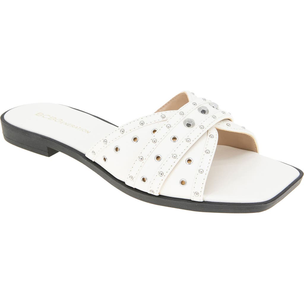 Bcbgeneration Women's Lucca Studded Slide Flat Sandals In Bright White