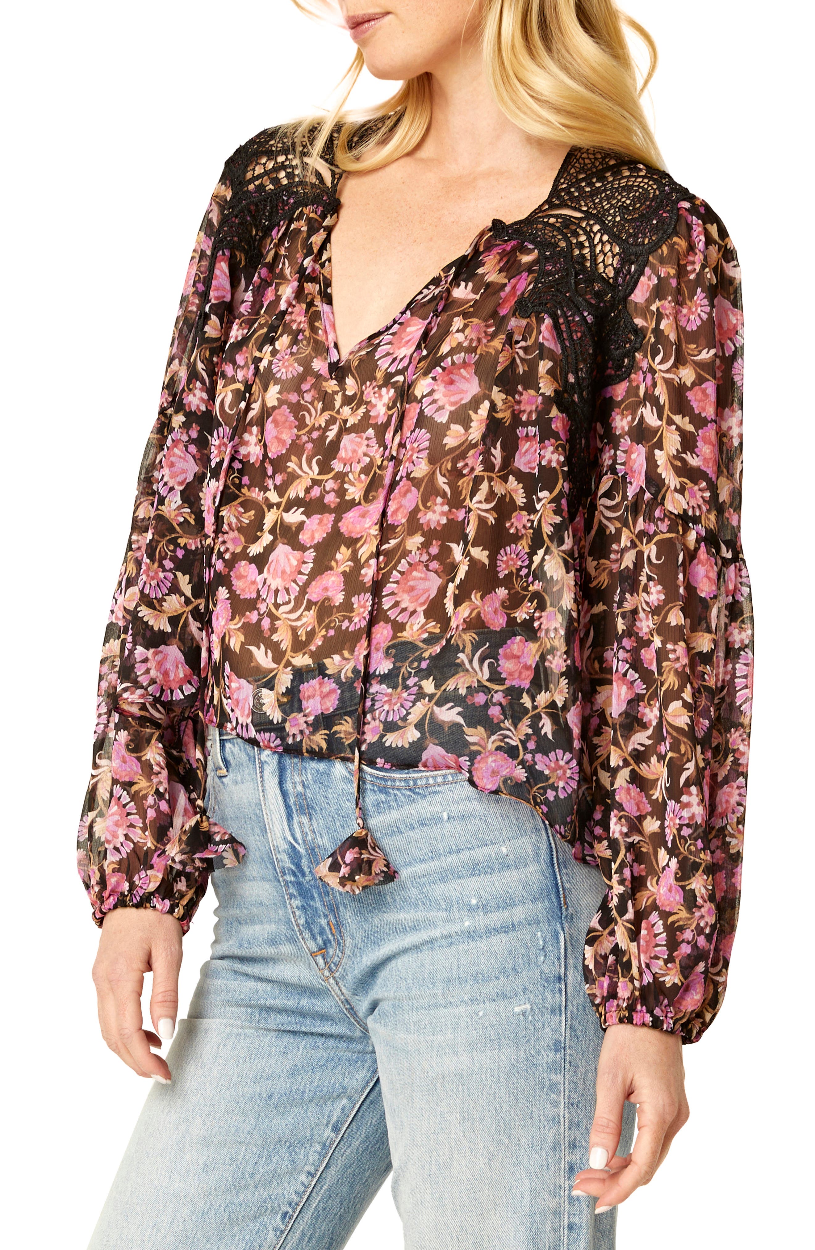 Misa Los Angeles Rosie Floral Print Lace Trim Chiffon Blouse in Rosetta Fleur