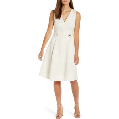 Anne Klein V-Neck Jacquard Fit & Flare Dress, White