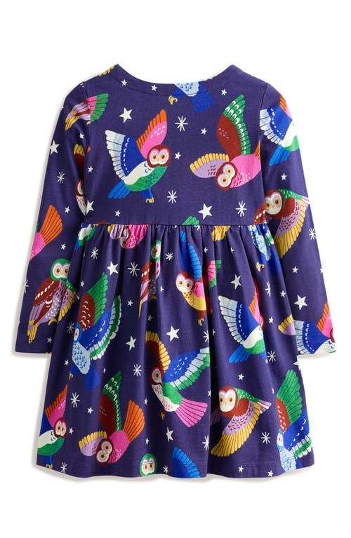 Shop Mini Boden Kids' Owl Print Long Sleeve Cotton Jersey Dress In College Navy Owls