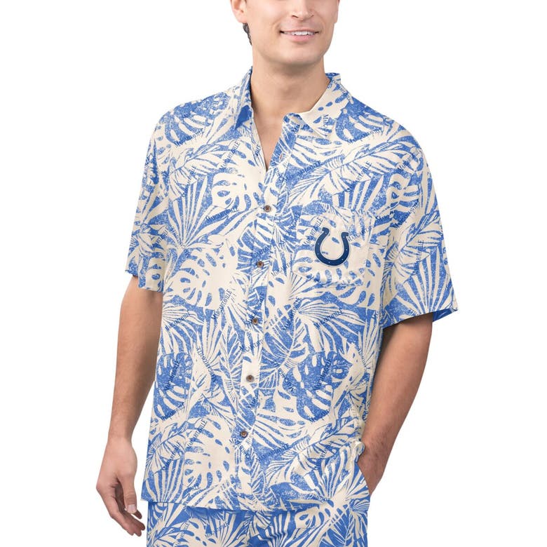 Shop Margaritaville Tan Indianapolis Colts Sand Washed Monstera Print Party Button-up Shirt In Cream
