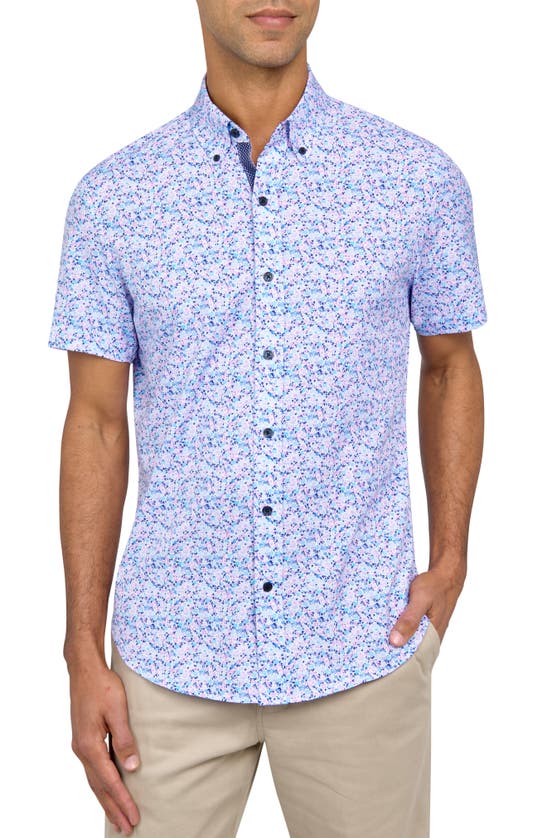 Construct Slim Fit Floral Four-way Stretch Performance Short Sleeve Button-down Shirt In Lilac