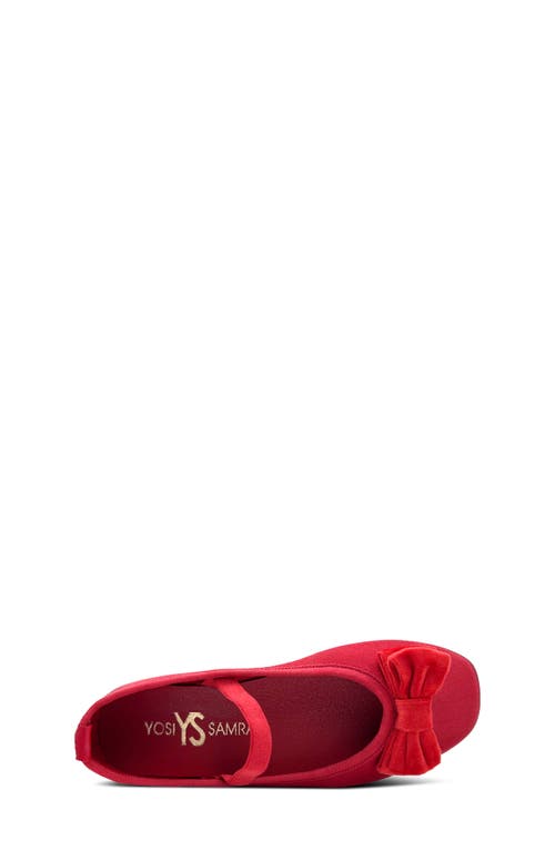 Shop Yosi Samra Kids' Miss Emory Satin Mary Jane Flat In Red Satin/velvet Bow